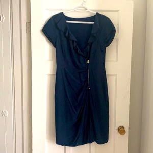 Navy zip front dress with ruffled collar